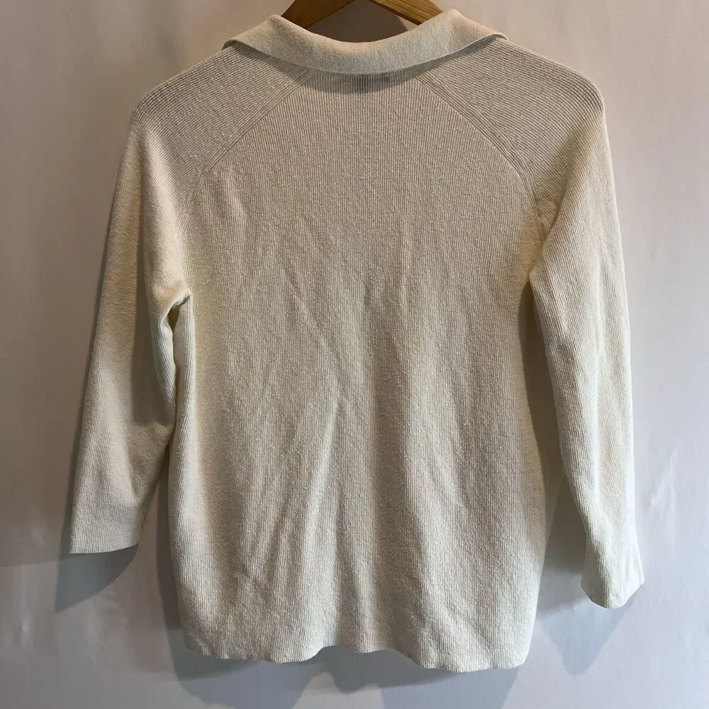 Eileen Fisher Linen Blend Ribbed Sweater Italian Yarn Cream S Coastal V-Neck
